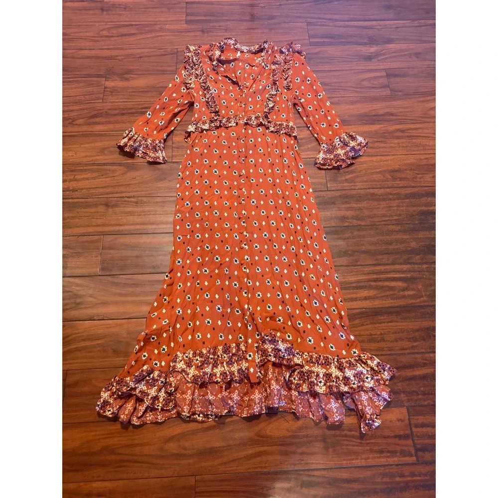 Free People Rare Feelings Maxi Dress Rust Orange Floral Boho Duster Size S - Picture 2 of 9